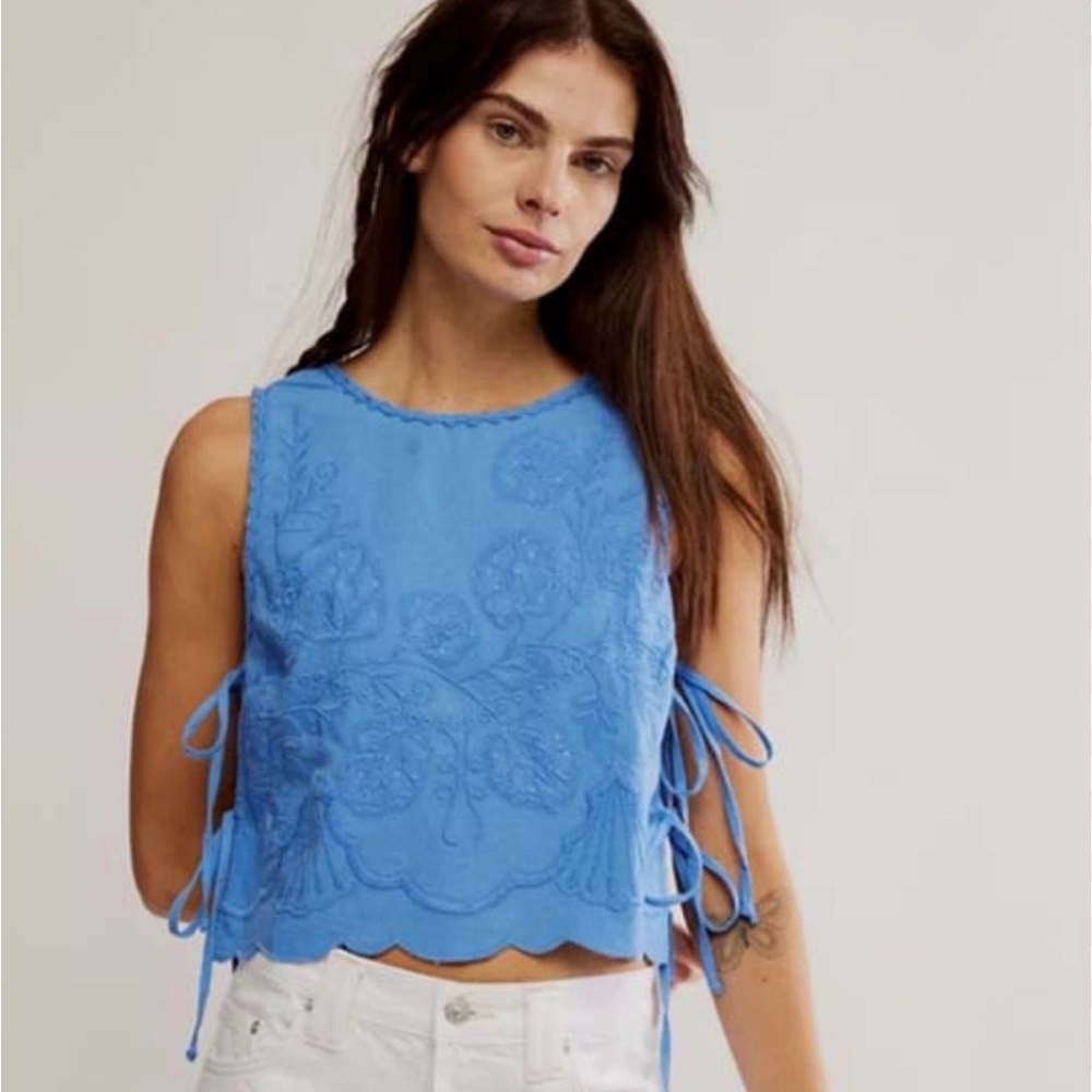 Blue Embroidered Sleeveless Top Free People
